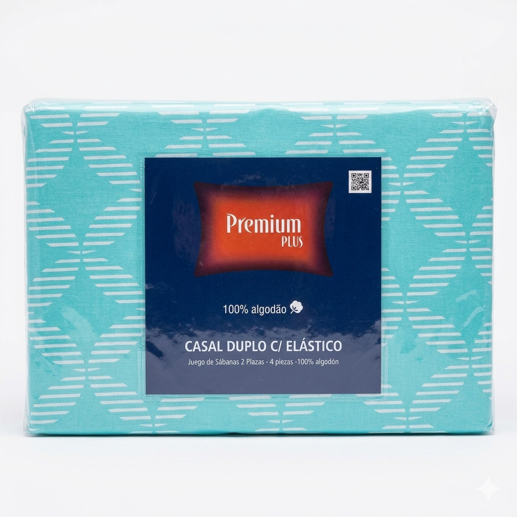 Jogo de Cama Casal 4 Peças Premium Plus 100% Algodão c/ Elástico